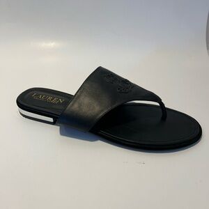 Lauren Ralph Lauren Black Leather Thong Slide Sandal with Embossed Logo